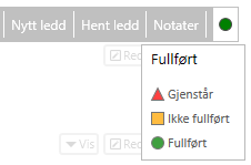 Bildet fra LabOra Verksted som viser merking av ledd. Ledd i bildet er markert som 'Fullført' med grønn sirkel symbol. Der finnes også 'Gjenstår' med rød trekant symbol og 'Ikke fullført med gul firkant symbol.