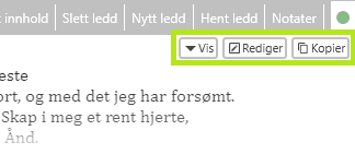 Dette bildet viser et grensesnitt for å gjøre handlinger 'Vis', 'Rediger', 'Kopier' for et spesifikt ledd i en gudstjeneste.