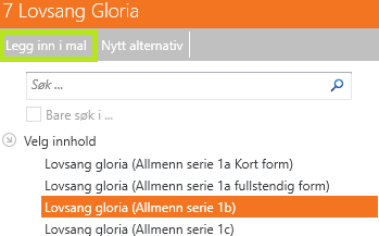 Dette bildet viser valgg fr abiblioteket for ledd '7 Lovsang Gloria' i applikasjonen LabOra Verksted. Grensesnittet lar brukeren sette opp flere definerte alternativer for dette leddet i gudstjenesten.
Øverst finnes to knapper:'Legg inn i mal' og 'Nytt alternativ'
Under knappene er det en søkeboks som gir mulighet til å søke etter spesifikke alternativer. Brukeren kan avgrense søket ved å krysse av for 'Bare søk i ...'.
I listen over alternativer ser vi ulike versjoner av 'Lovsang Gloria'.