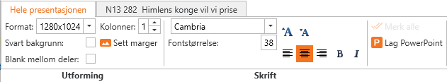 Dette bildet viser arbeidsflaten 'Storskjerm' i applikasjonen LabOra Verksted for å generere en PowerPoint-presentasjon til en gudstjeneste. Øverst i grensesnittet finnes faner som 'Redigering,' 'Utskrift,' 'Storskjerm,' og 'Småskjerm.' Brukeren har valgt fanen 'Storskjerm' for å utforme lysbildene. Bildet viser kun innstillinger.