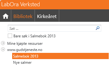 Skjermbilde viser Bibliotek i LabOra Verksted. 'Salmebok 2013' er markert.