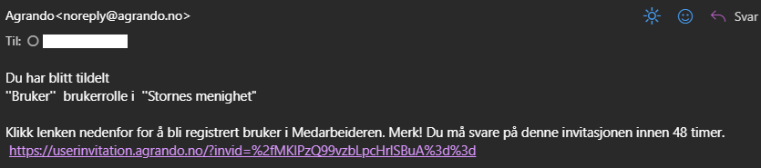 Skjermbildet viser epost fra noreplay@agrando.no med invitasjon til å registrere brukerkonto. Eposten inneholder lenken for registrering som må benyttes innen 48 timer.