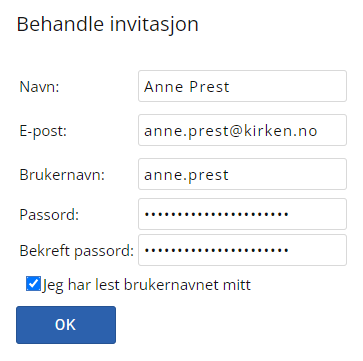 Skjermbilde av et registreringsskjema for en invitasjon.