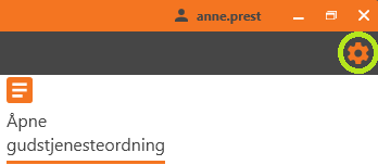 Skjermbilde viser tannhjul ikone for 'Innstillinger'. Ikonen er oransje på grå bakgrunn og er lokalisert øverst i bildet til høyre under knappen 'Lukk applikasjon'.