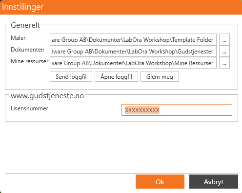 Skjermbilde av et innstillingsvindu for 'Verksted'. Vinduet har overskriften 'Innstillinger' og viser tre felt under kategorien 'Generelt': 'Maler', 'Dokumenter' og 'Mine ressurser', som peker til ulike mapper på datamaskinen. Under disse feld finnes knapper for 'Send loggfil', 'Åpne loggfil' og 'Glem meg'. Under knappene, midt i bildet finnes kategori 'www.gudstjeneste.no / Lisensnummer' samt felt for å skrive inn lisens nummer. Der er oransje og svarte knapper for 'OK' og 'Avbryt' nederst til høyre i bildet.