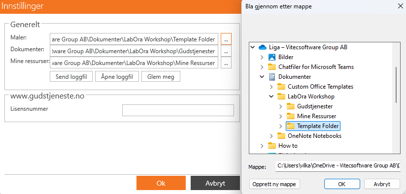 Skjermbilde av et innstillingsvindu for 'Verksted'. Vinduet har overskriften 'Innstillinger' og viser tre felt under kategorien 'Generelt': 'Maler', 'Dokumenter' og 'Mine ressurser', som peker til ulike mapper på datamaskinen. Til høyre vises et popup-vindu med tittelen 'Bla gjennom etter mappe', som viser en mappeoversikt. Mappen 'Template Folder' er markert i en sti under 'Dokumenter > LabOra Workshop'. Nederst i popup-vinduet er det alternativer for å opprette en ny mappe, samt knappene 'OK' og 'Avbryt'. I hovedvinduet er det oransje og svarte knapper for 'OK' og 'Avbryt', samt knapper for 'Send loggfil', 'Åpne loggfil' og 'Glem meg'.