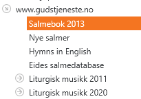 Dette bildet viser en del av biblioteket i LabOra Verksted. Følgende elementer er synlige: Ressursliste: Inneholder tilgjengelige kategorier som www.gudstjeneste.no, Salmebok 2013 (valgt og markert i oransje), Nye salmer, Hymns in English, Eides salmedatabase, Liturgisk musikk 2011, og Liturgisk musikk 2020.